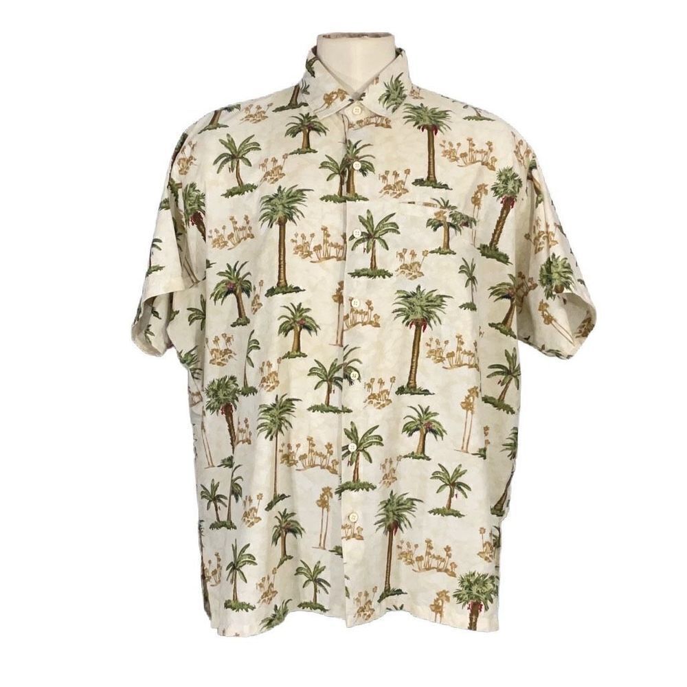 Rima Vintage Men’s Hawaiian Short Sleeve Shirt Cream Palm Trees Size XXL